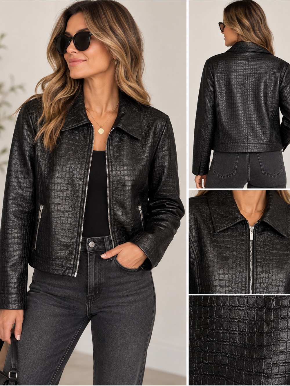 bagatelle Black Croc-Embossed Leather Zip Jacket